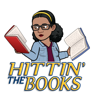Bitmoji character holding two books in hands with words "Hittin' the Books" underneath the character.